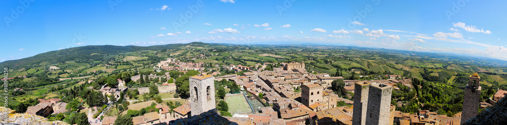Aerial view of San Gimignano, Tuscany, Italy. No people space for copy.
