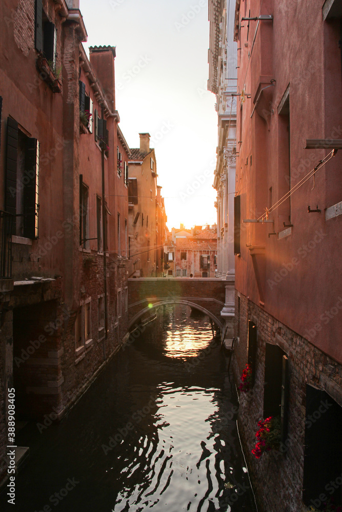 Sunset over canal bridge, Venice, Italy. no people