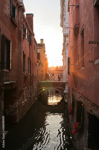 Sunset over canal bridge, Venice, Italy. no people