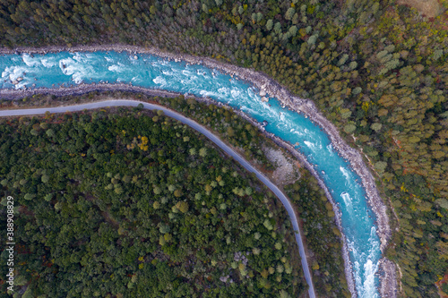 Aerial photography of rivers and roads in the forest