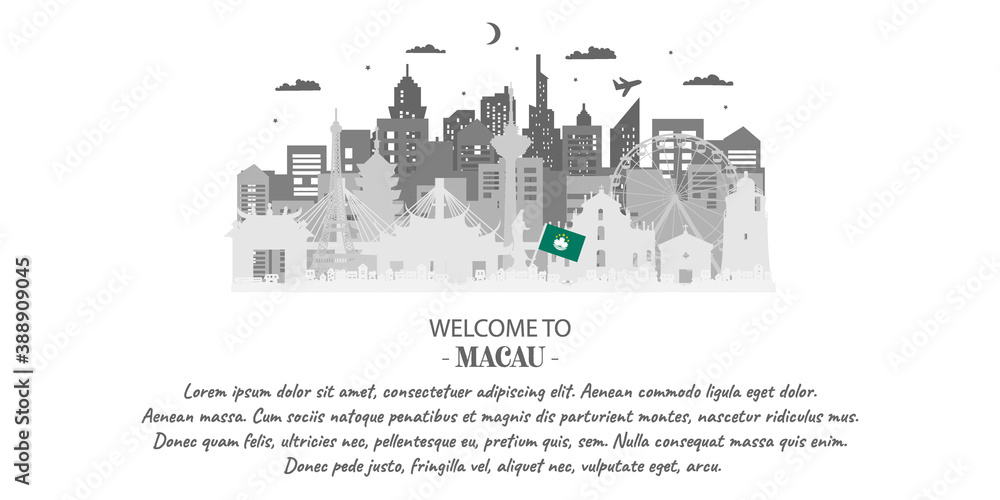 Obraz premium Macau Travel Ticket Postcard, poster, tour advertising of world-famous landmarks of Macau. Vector illustration.