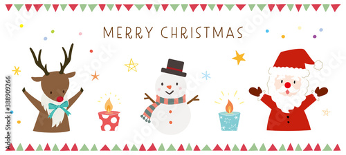 クリスマスのイラスト　サンタクロース、雪だるま、トナカイ