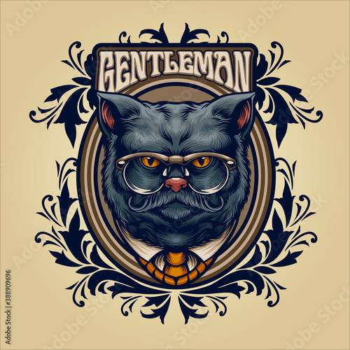 Animal grey cat with Frame ornaments illustraions for your work merchandise clothing line, stickers and poster, greeting cards advertising business company or brands photo