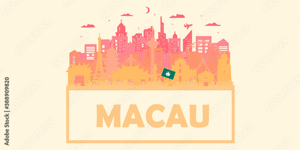 Naklejka premium Macau Travel Ticket Postcard, poster, tour advertising of world-famous landmarks of Macau. Vector illustration.