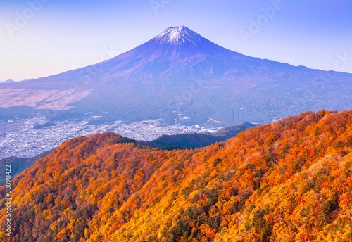 Mount Fuji and Fujiyoshida City in autumn view from the top of Mt. Mitsutoge