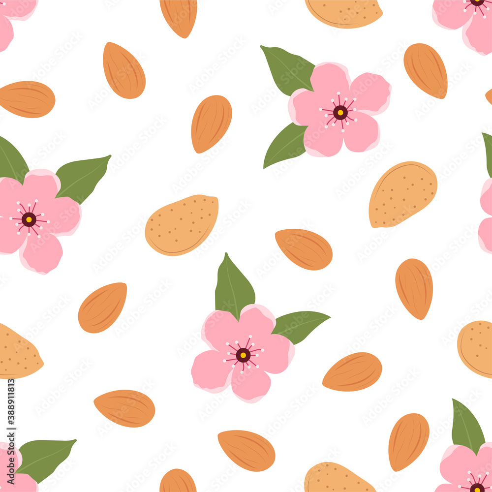 Almond Nut and flower. Vector pattern