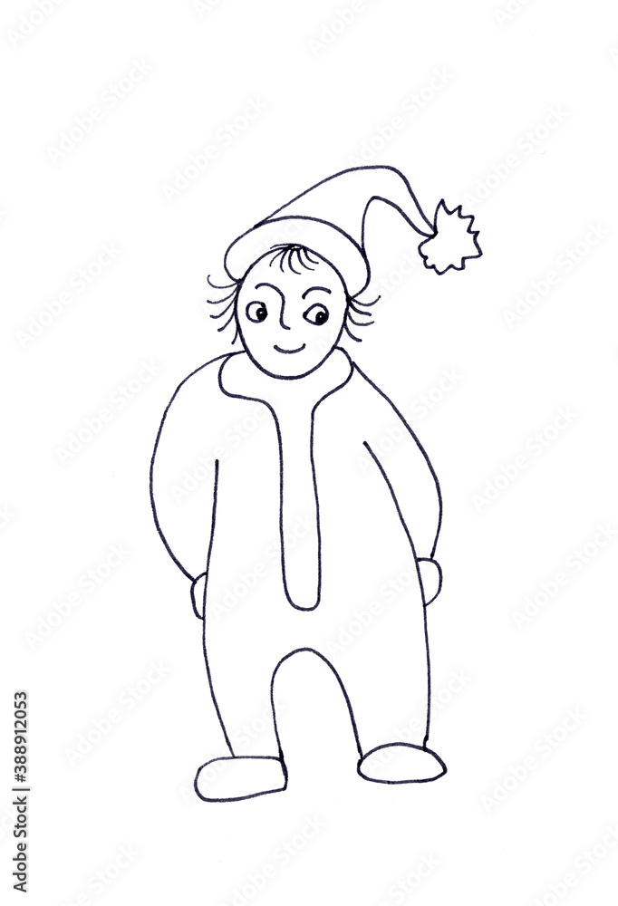 Gnome, child in christmas outfit, graphic black and white drawing on white background Gnome, child in christmas outfit, graphic black and white drawing on white background