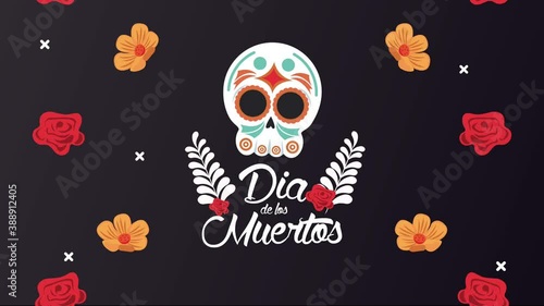 dia de los muertos lettering celebration with skull head and flowers