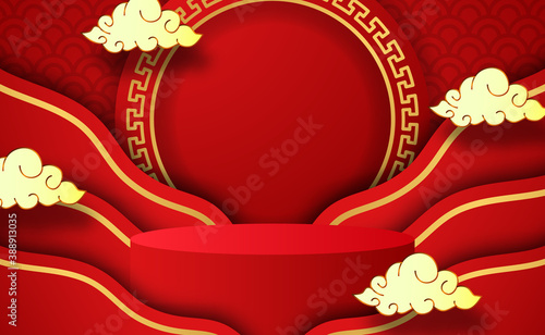 3d cylinder podium product display for chinese new year with red color, lucky fortune