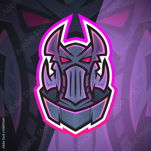 Gradient Purple Violet Color. Red Eye Warrior Knight Demon Head, Mask. Cartoon Logo Mascot illustration. Esport, Team, Game, Asset, Sticker, Print.