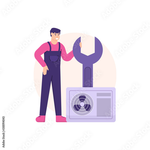 illustration of an AC repairman or Air Conditioner repairman standing holding a spanner. professions and jobs. appliance repair specialist or technician. flat style. design elements