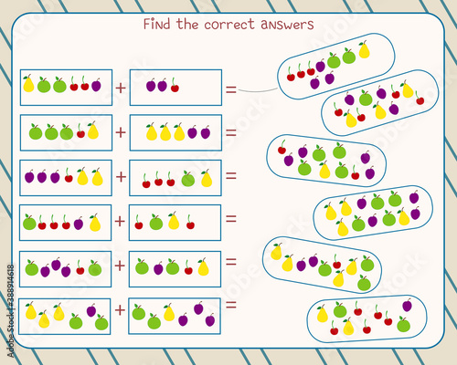 Math game for children. fold the fruits and find the correct answer
