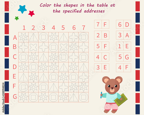 Logic game for children. Find the figures at the address. Color only these shapes