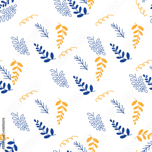 Spring floral background. Seamless Islamic pattern, blue and yellow modern shape for design, porcelain,