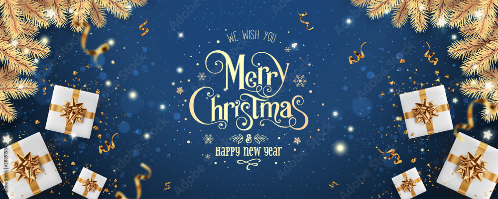 Gold Merry Christmas and New Year text on blue holiday background with gold gift boxes, fir branches, ribbons, decoration, sparkles, confetti, bokeh, light. Xmas card. Vector Illustration - obrazy, fototapety, plakaty 