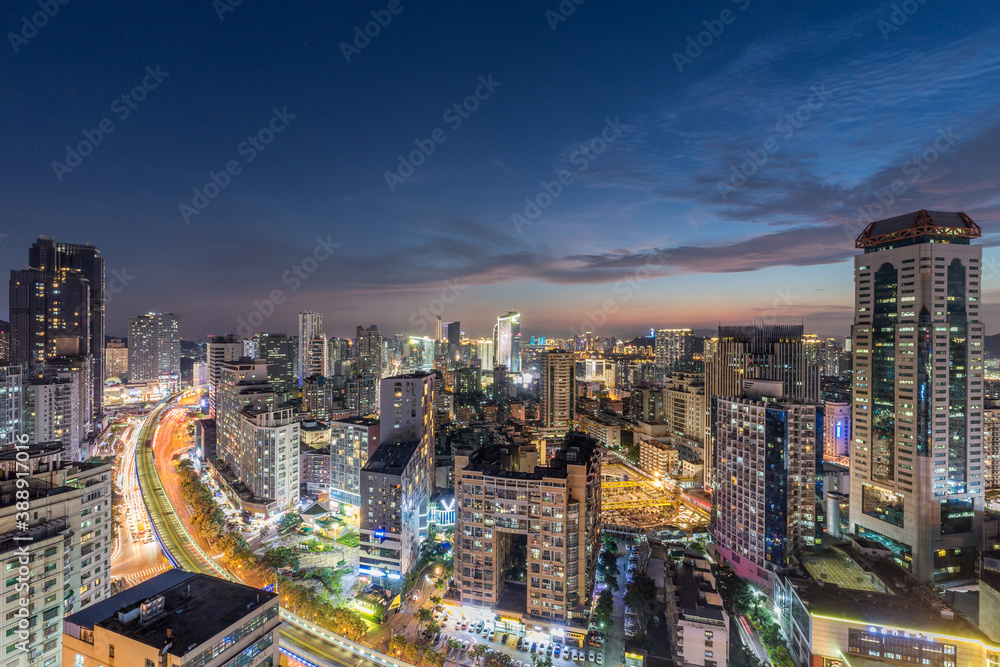 Sunset Landscapes of the city skyline in Xiamen, the famous southern city in Fujian, China