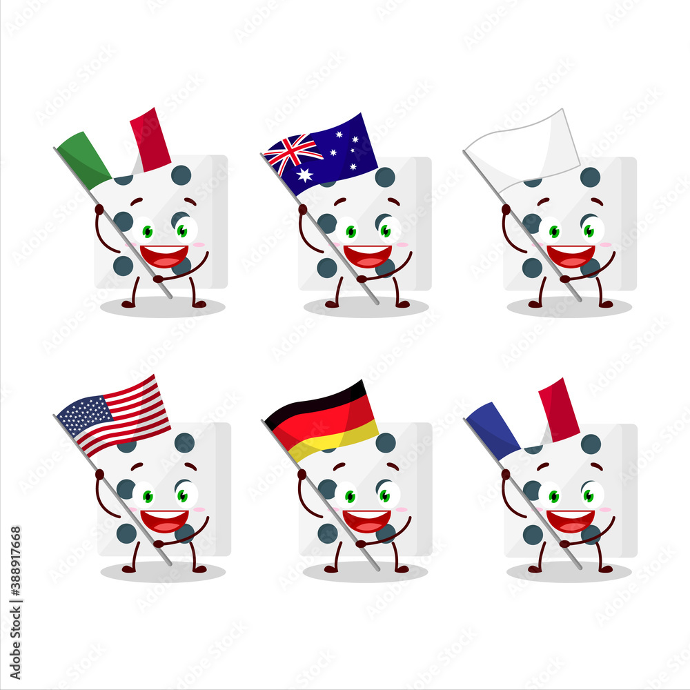 White dice cartoon character bring the flags of various countries White dice cartoon character bring the flags of various countries