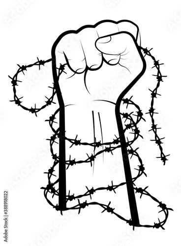 hand clenched into fist in barbed wire loops. Combating injustice and discrimination. Illegally convicted prisoners of prisons and concentration camps. Vector