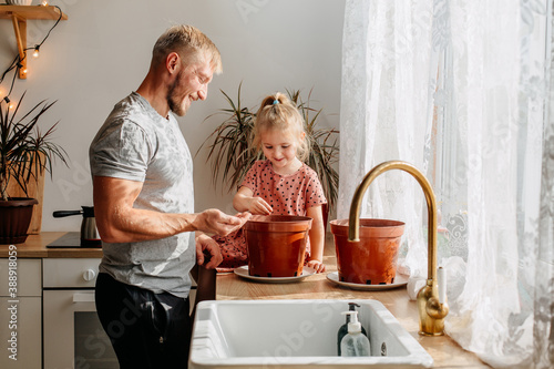 A happy little girl and a man sow seeds of domestic plants. Father and daughter at home in the kitchen. Plant care.