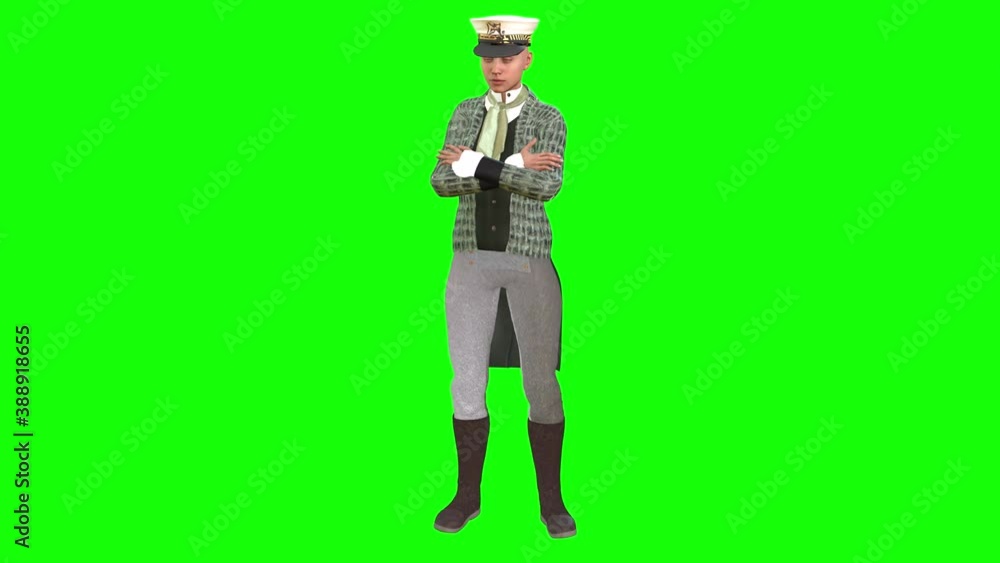 3d animation of a avatar woman dressed in old style men's clothing, stands with her arms folded and the talks about something. 3d animation of a avatar woman dressed in old style men's clothing, stands with her arms folded and the talks about something.
