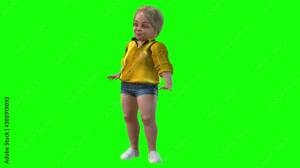 3d animation of a baby avatar girl dressed in a yellow top and shorts, stands and flirts in front of the camera 3d animation of a baby avatar girl dressed in a yellow top and shorts, stands and flirts in front of the camera