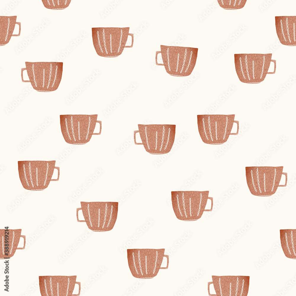 Obraz premium Seamless texture of stamp style cup illustrations. Hand drawn sketch colorful painting on simple background. concept illustration of Set lifestyle commodity.