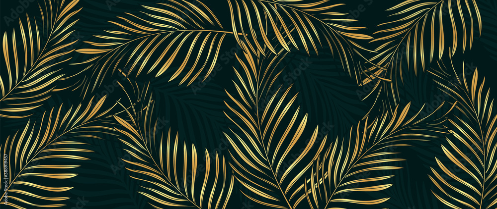 Luxury Gold palm leaves wallpaper. Tropical leaf background design for wall arts, prints,fabric, pattern and cover. vector illustration.