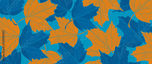 Panorama Fall Autumn Colorful Leaves Background vector. Autumn seasonal wallpaper design for prints, cover, Fabric, banner and wall arts. Vector illustration.