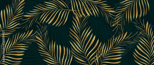 Luxury Gold palm leaves wallpaper. Tropical leaf background design for wall arts, prints,fabric, pattern and cover. vector illustration.