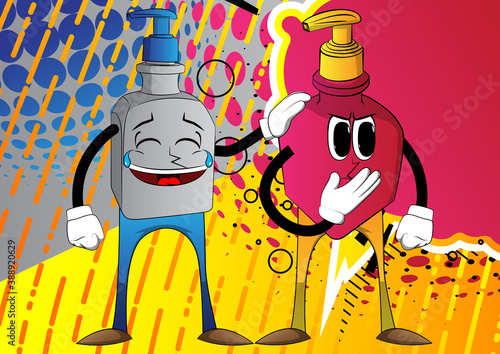Cartoon bottles of hand sanitizer gel for hygiene  with face comforting another.