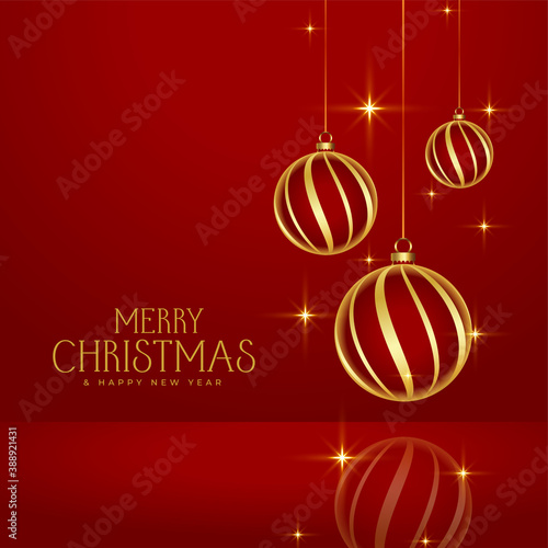 shiny red merry christmas golden baubles background