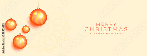 merry christmas banner with orange baubles decoration