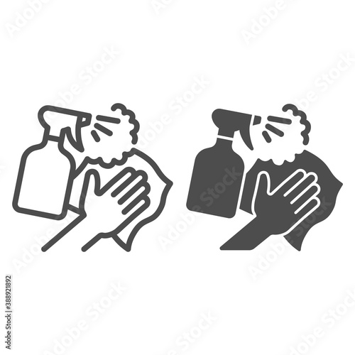 Spray bottle with cleaning napkin line and solid icon, Cleaning concept, surface wiping with absorbent tissue sign on white background, spray and absorbent cloth icon outline style. Vector graphics.