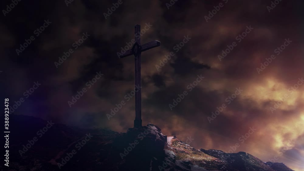 timelapse of dark clouds with a cross pole foreground in mountains and bright rays timelapse of dark clouds with a cross pole foreground in mountains and bright rays