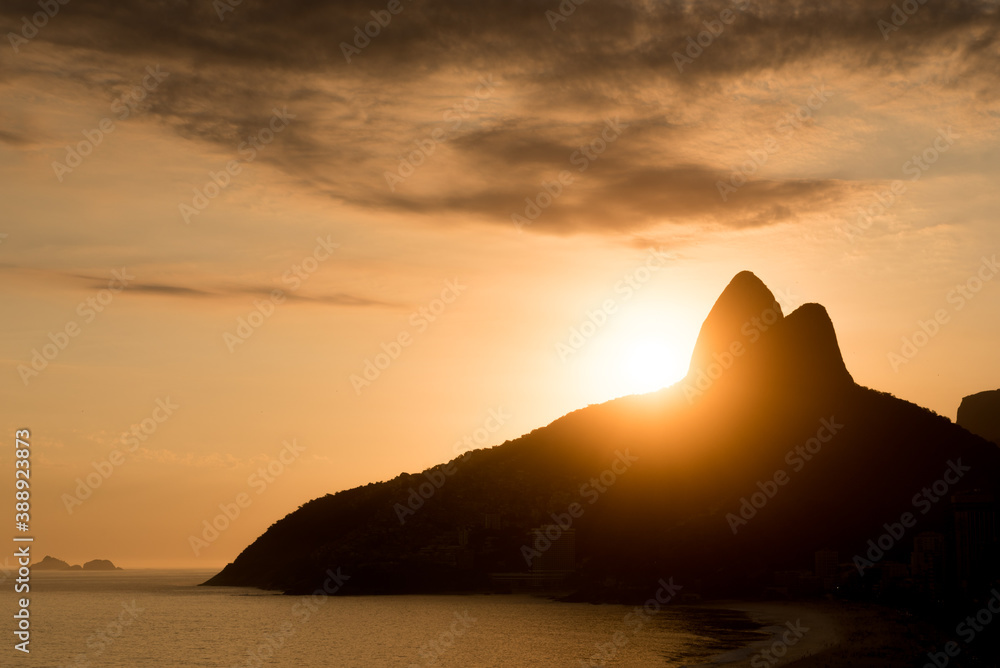Silhouette of Two Brothers Mountain in Rio de Janeiro With Sun Setting Behind