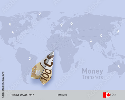 Money transfer around the world. 100 Canadian Dollar paper plane. Flat style vector illustration.