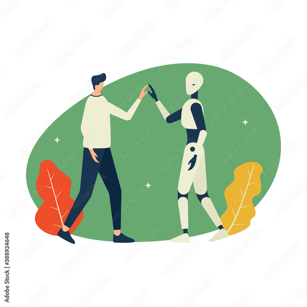 Fototapeta premium Man interaction with robot flat illustration