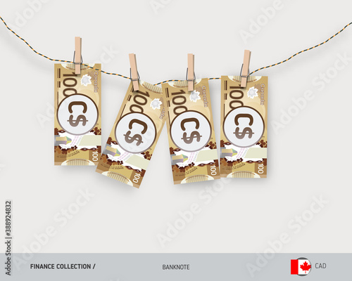 Wet 100 Canadian Dollar banknotes hanging on rope attached with clothes pins. Money laundering concept. Dirty money. Flat style vector illustration.