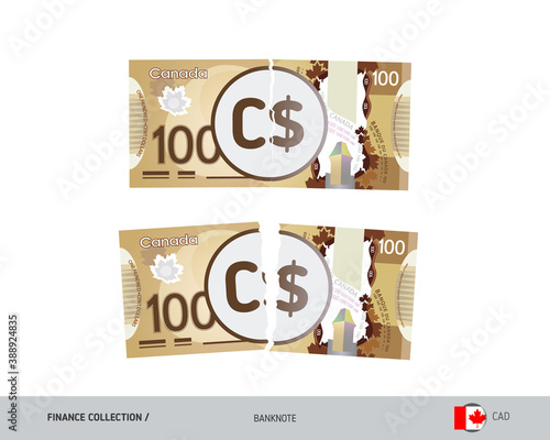 100 Canadian Dollar Banknote. Ripped moneys. Flat style vector illustration. Business finance concept.