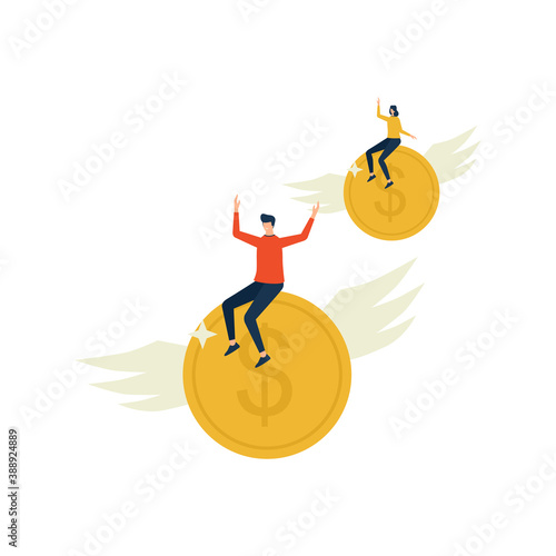 Financial freedom concept, man and woman flying with money