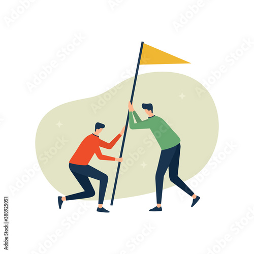 Partnership concept, two man work together hold flag