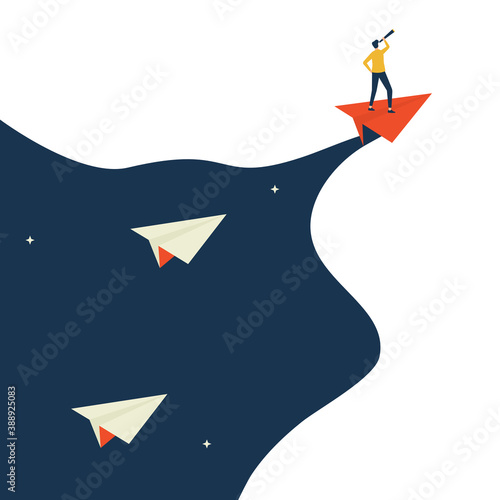 Leadership concept, man flying on paper plane hold telescope