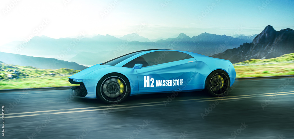 Fototapeta premium Wasserstoff Auto fährt auf einer Landstraße