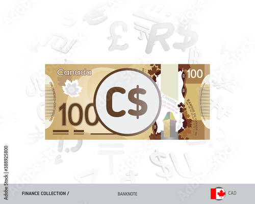 100 Canadian Dollar banknote. Flat style vector illustration isolated on currency background. Finance concept.