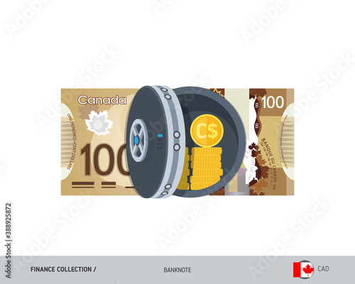 Bank safe with 100 Canadian Dollar banknote. Flat style vector illustration. Safe money concept.