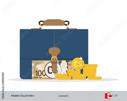Briefcase with 100 Canadian Dollar banknote. Flat style vector illustration. Corporate business concept.