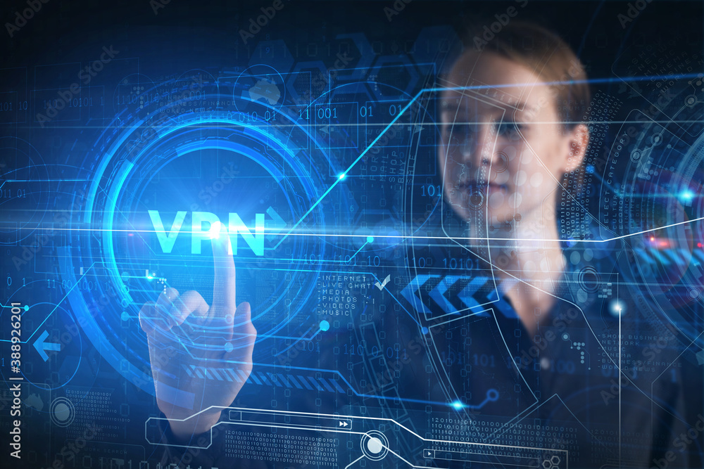 Business, technology, internet and network concept. Young businessman thinks over the steps for successful growth: VPN Business, technology, internet and network concept. Young businessman thinks over the steps for successful growth: VPN