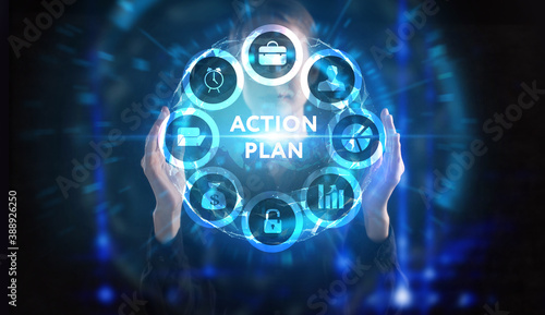 Business, technology, internet and network concept. Young businessman thinks over the steps for successful growth: Action plan