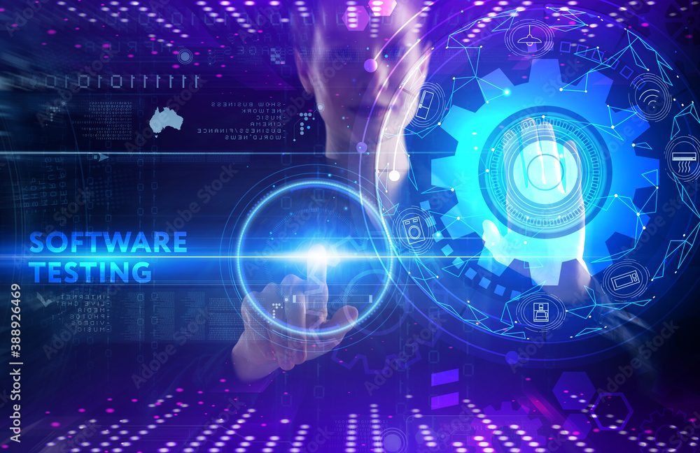 Business, technology, internet and network concept. Young businessman thinks over the steps for successful growth: Software testing Business, technology, internet and network concept. Young businessman thinks over the steps for successful growth: Software testing