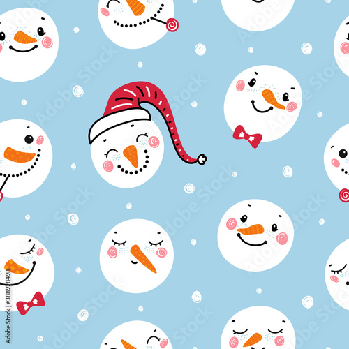 Cute Snowman Heads. Christmas Seamless Pattern. Winter Holiday Vector Background with Cartoon Funny Doodle Snowman Faces. Winter Holidays, Christmas, New Year Design